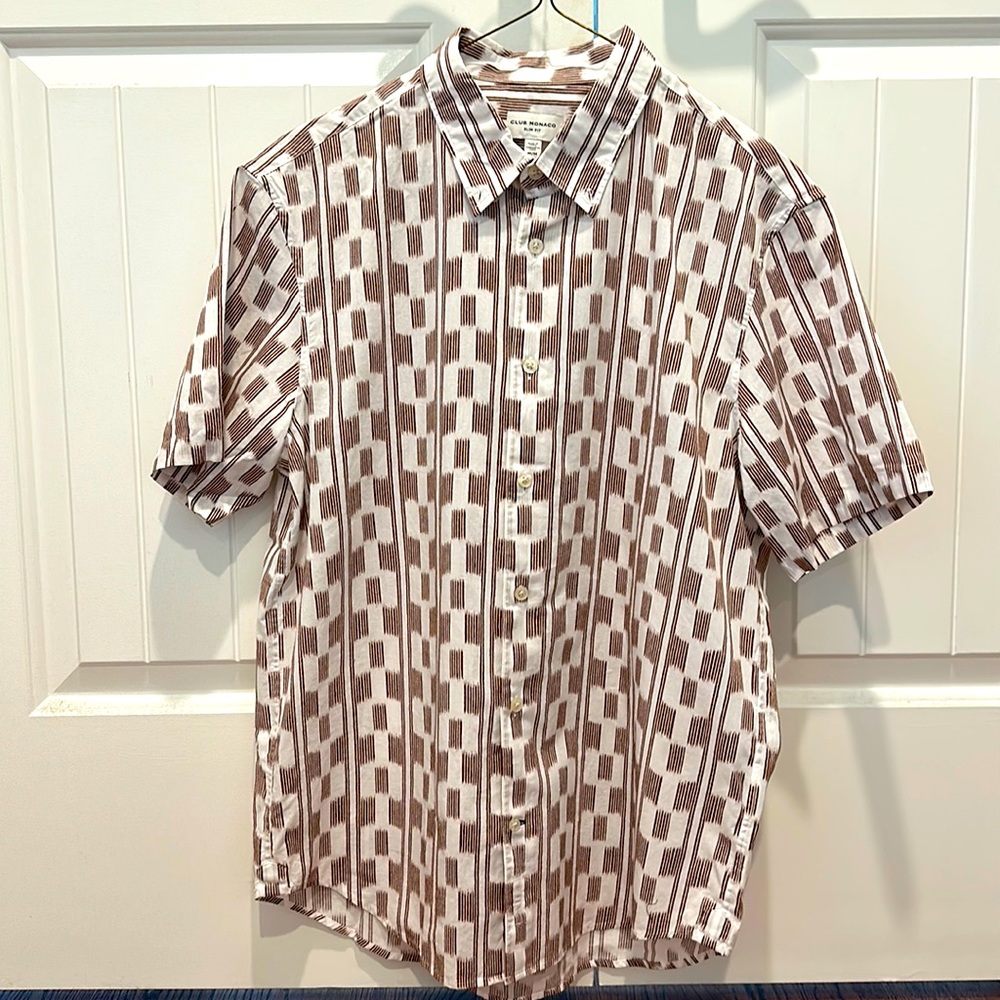 Club Monaco Slim Fit Mens Button Down Short Sleeve Shirt Retro Pattern Size M